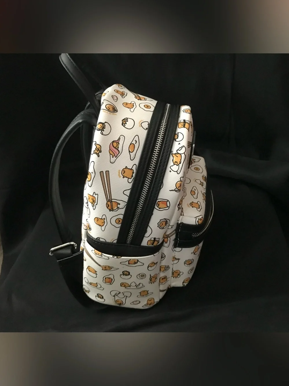 Loungefly White Gudetama Pattern Mini Backpack with Black Trim NWOT